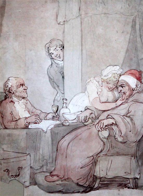 Thomas Rowlandson (1756-1827) Tending the invalid, a sketch of figures on a staircase verso, 11.25 x 8.5in. Provenance: Sothebys Londo